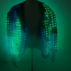 A jacket covered in green LED lights, illuminated in a dark environment.