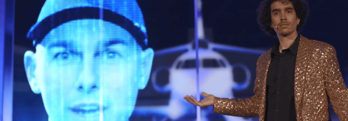 Zakelijke AI-magieshow tijdens een technologisch evenement