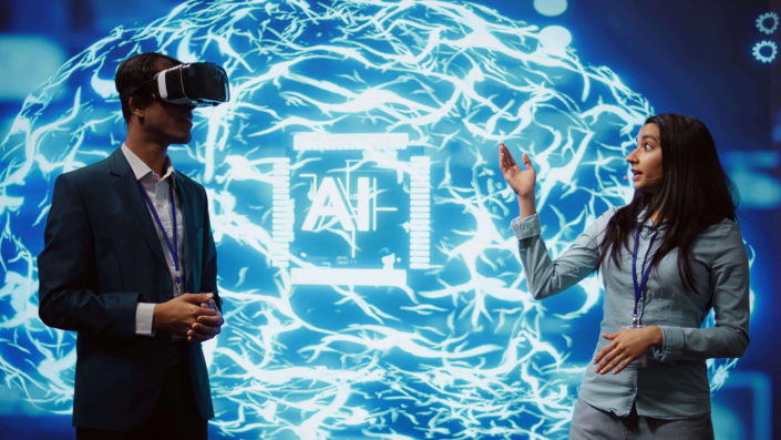 Een AI-spreker die een presentatie geeft over kunstmatige intelligentie voor een publiek
