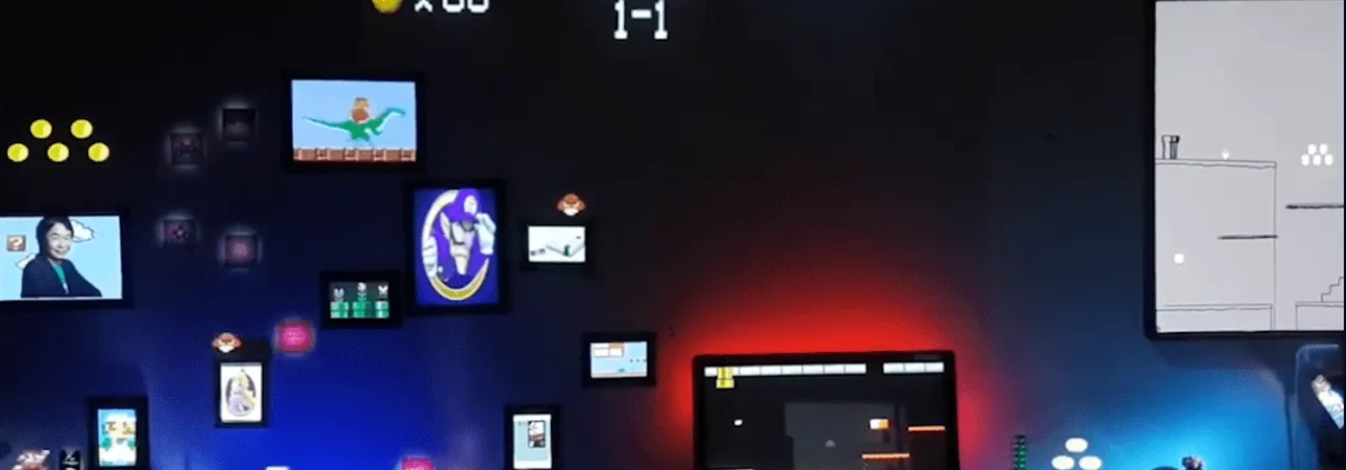 Immersive gaming setup featuring Super Mario World video mapping on the walls.
