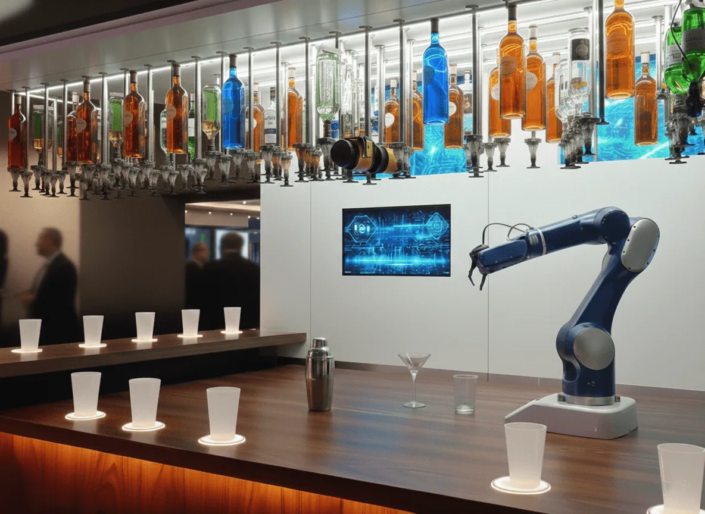Một cánh tay robot màu xanh thanh lịch đang pha chế đồ uống trên quầy bar gỗ hiện đại với lót ly LED phát sáng.