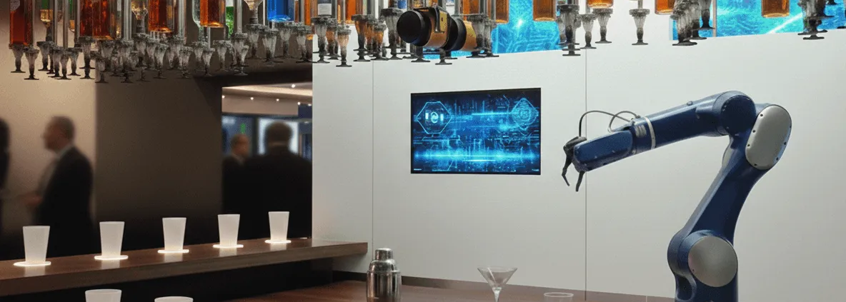 Un elegante brazo robótico azul preparando bebidas en una barra de madera moderna con posavasos LED brillantes.