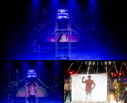 Collage of theatrical staging techniques showing custom reveals and illusions.